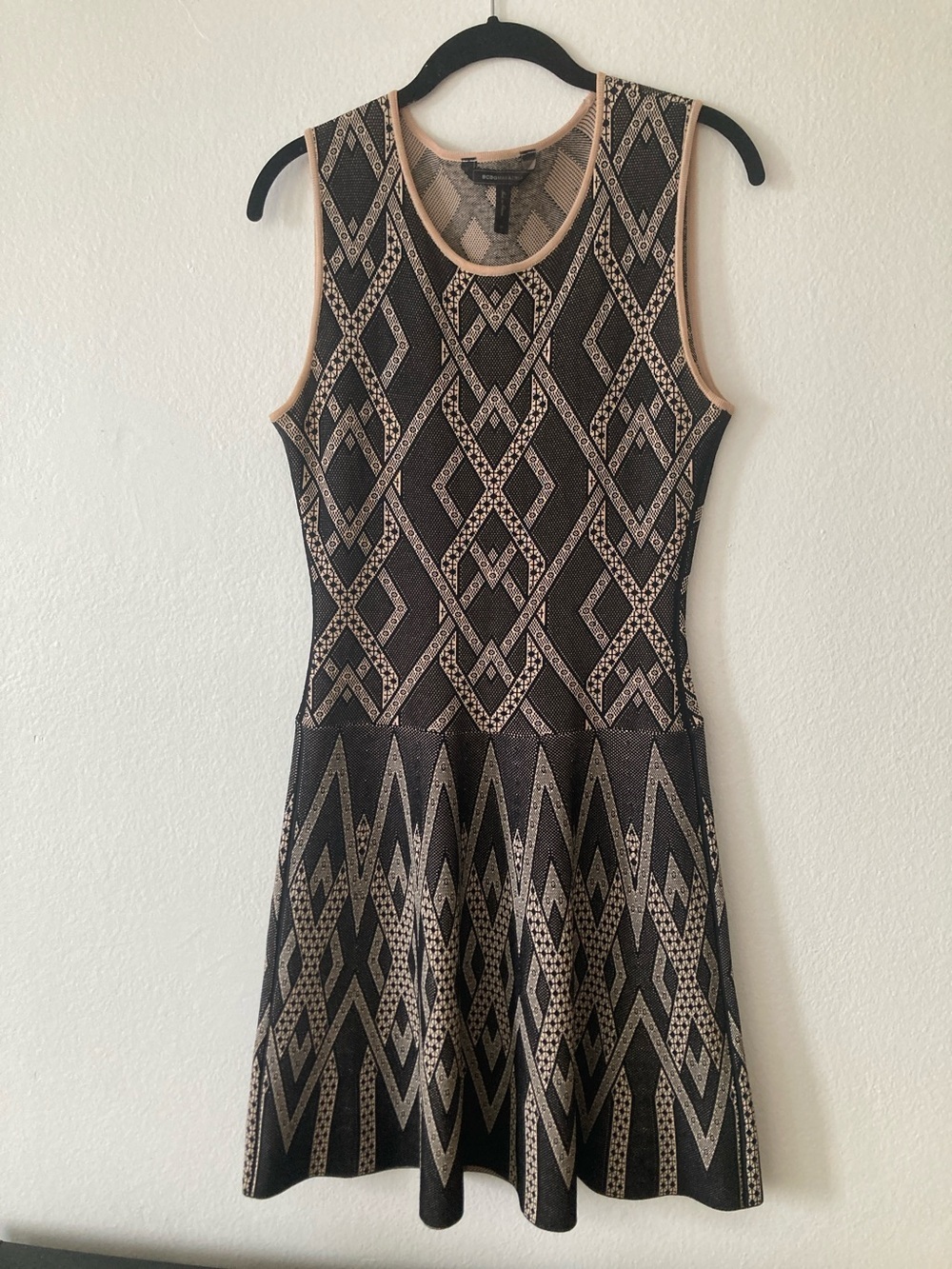 BCBGMaxAzria Black and Beige Geometric Knit Fit-and-Flare Mini Dress - Picture 6 of 6